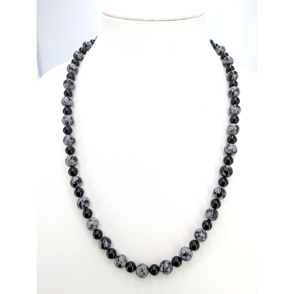 Vintage Snowflake Obsidian Bead Necklace Black Gray Graduated Stone Beads 24in